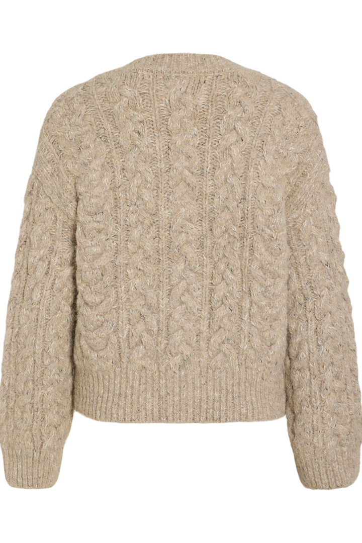 Vila Rouellis long sleeve knit cardigan in pelican color, featuring a cable knit pattern, shown flat from the back.