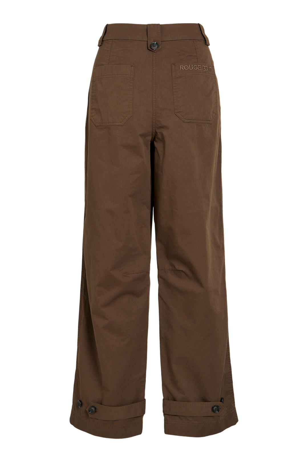 Vila ROUFIONA HW W/F F/L TROUSER in dark brown cotton fabric, wide-leg fit, back view showing pockets and button details.