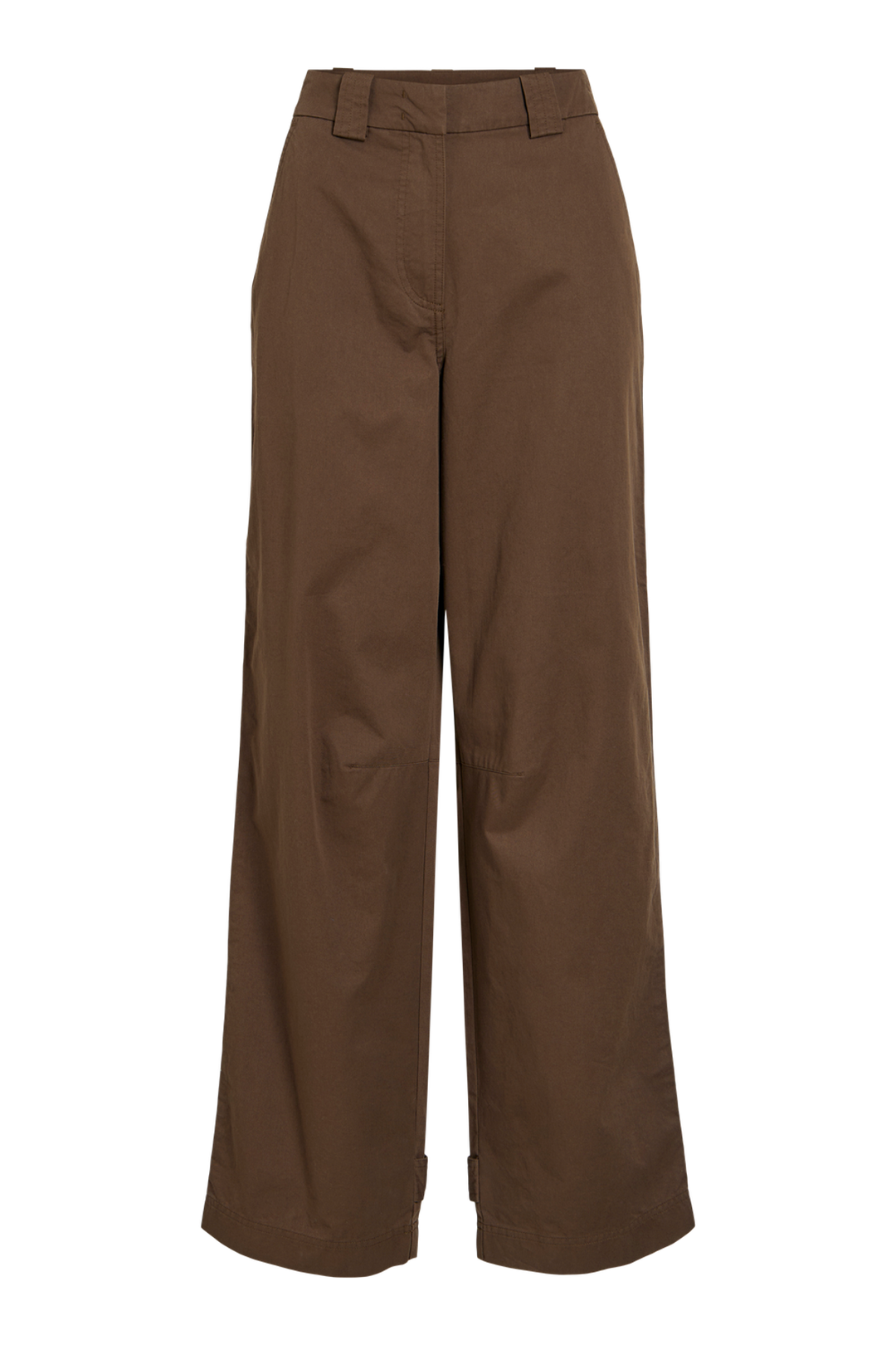 Vila ROUFIONA HW W/F F/L TROUSER in dark brown cotton fabric, wide-leg fit, shown flat front view.