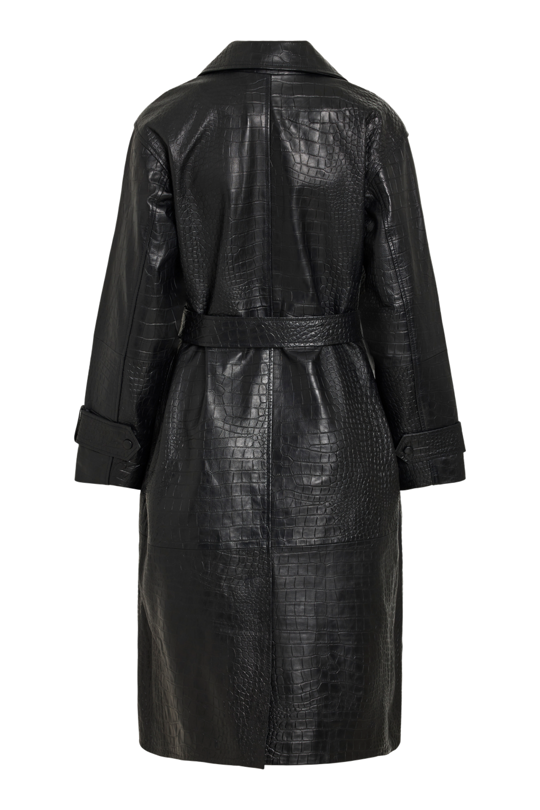 Vila ROUMAYA long-sleeve oversized leather coat in meteorite color, featuring a textured pattern, shown in a back view.