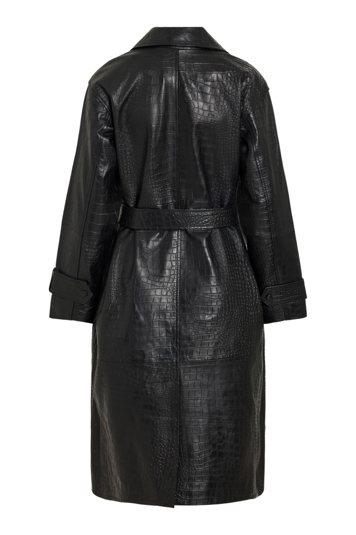 Vila ROUMAYA long-sleeve oversized leather coat in meteorite color, featuring a textured pattern, shown in a back view.
