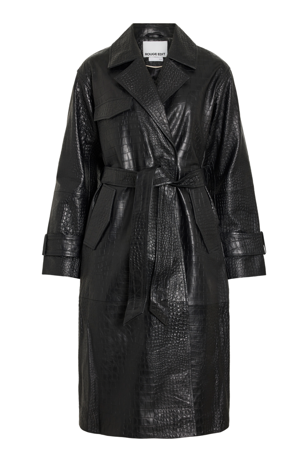 Vila ROUMAYA long-sleeve oversized leather coat in meteorite black with a textured finish, shown flat.