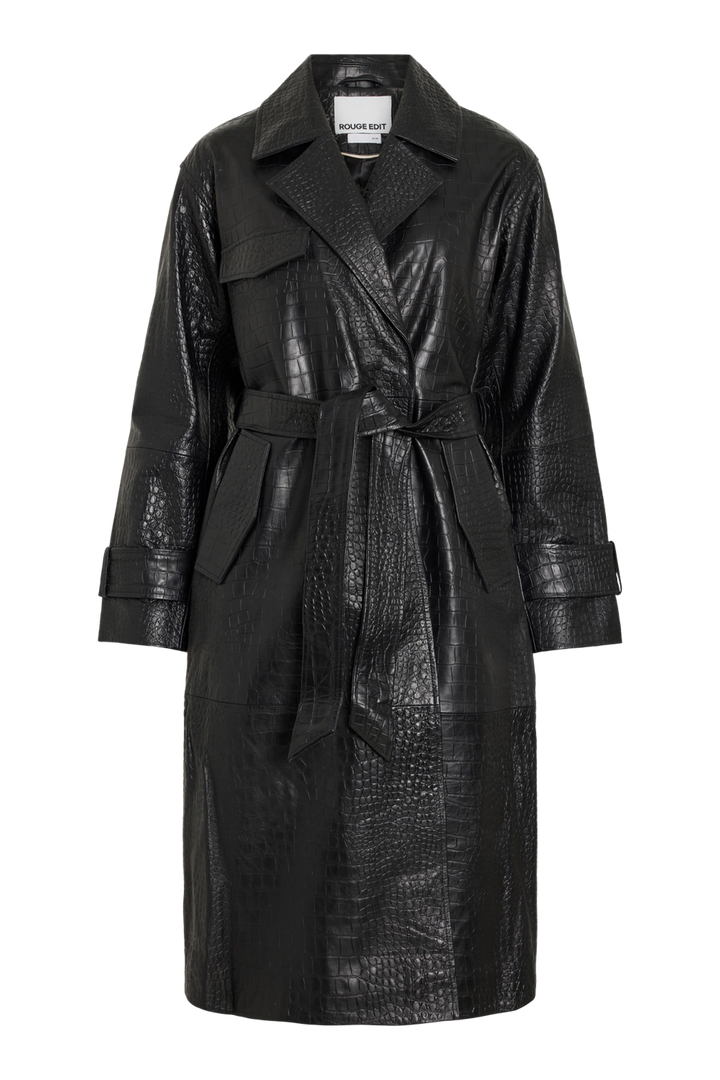 Vila ROUMAYA long-sleeve oversized leather coat in meteorite black with a textured finish, shown flat.