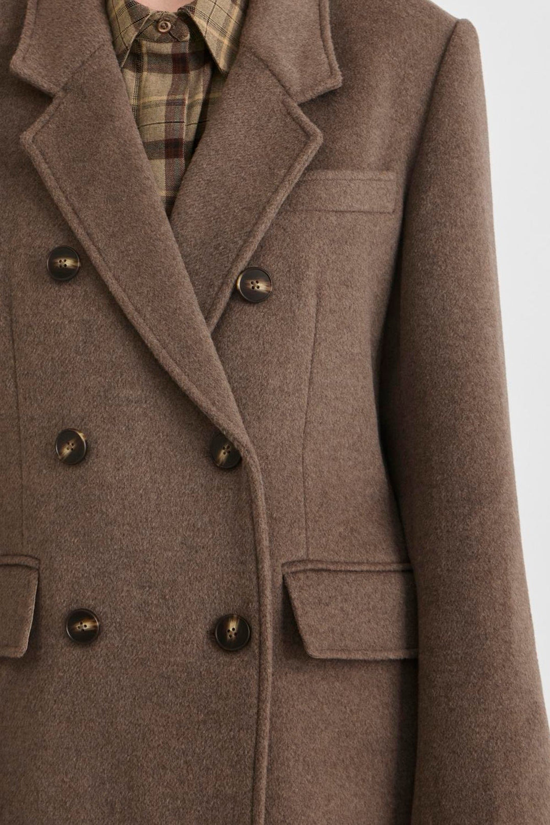 Vila Rouriley long sleeve coat in dark brown mélange wool blend, featuring a double-breasted button closure and front pockets