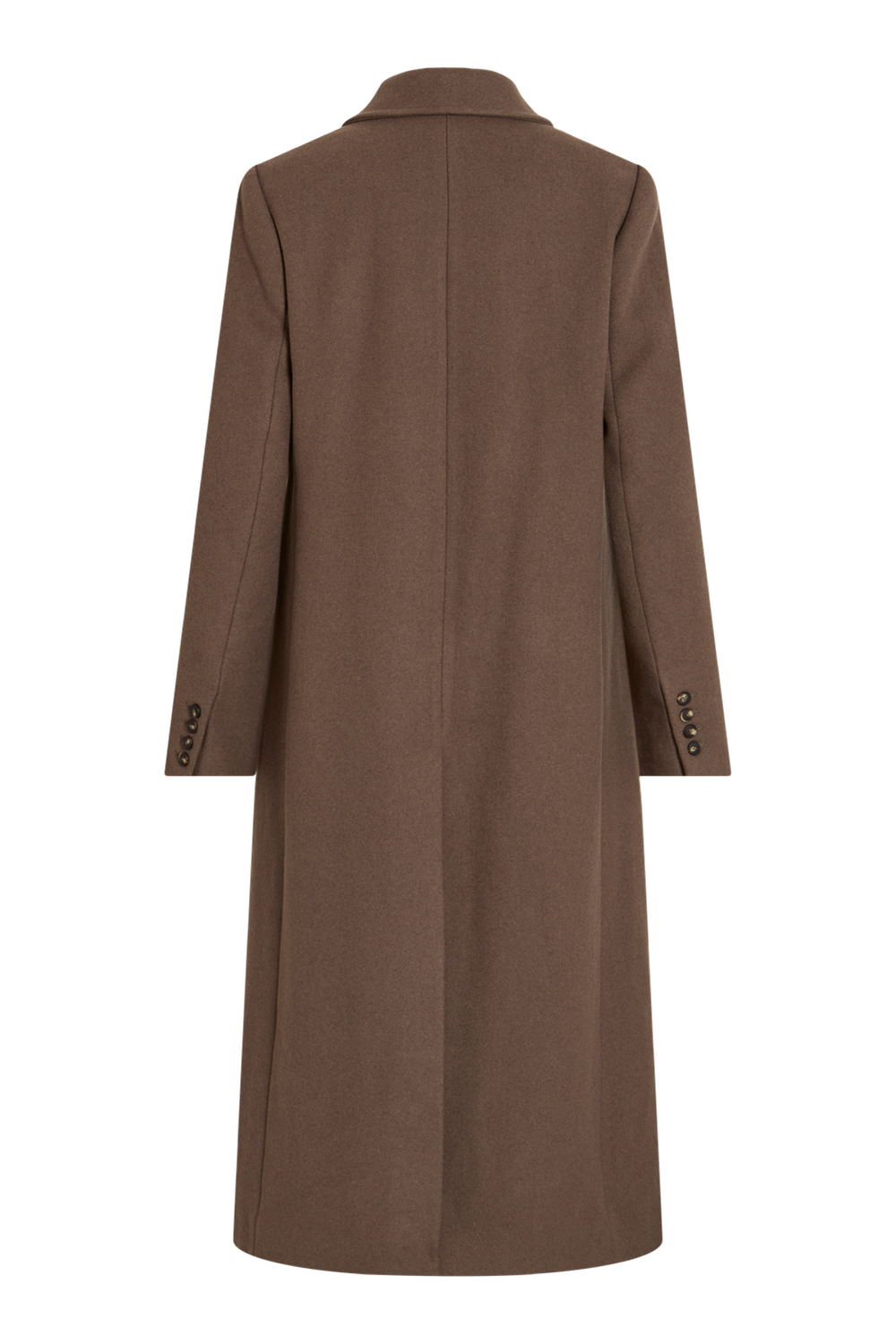 Vila Rouriley long sleeve coat in dark brown mélange, made from 50% recycled wool and 50% polyester, back view.
