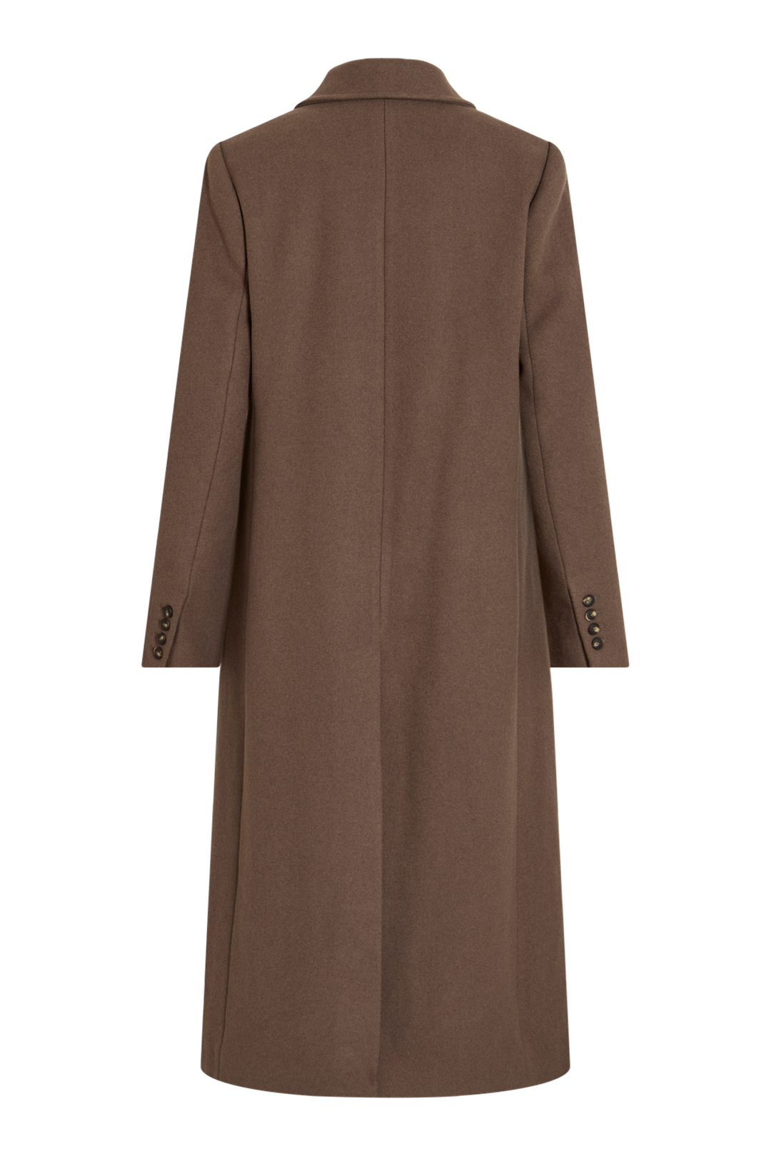 Vila Rouriley long sleeve coat in dark brown mélange, made from 50% recycled wool and 50% polyester, back view.