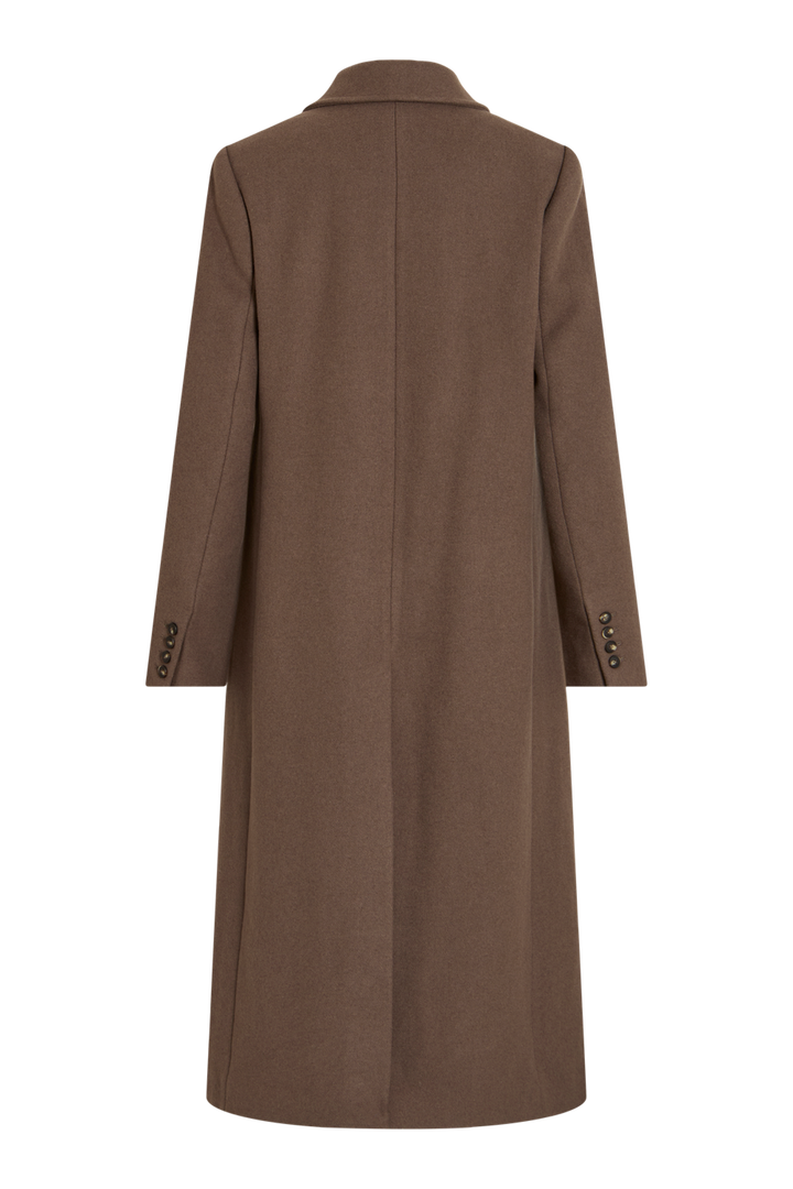 Vila Rouriley long sleeve coat in dark brown mélange, made from 50% recycled wool and 50% polyester, back view.