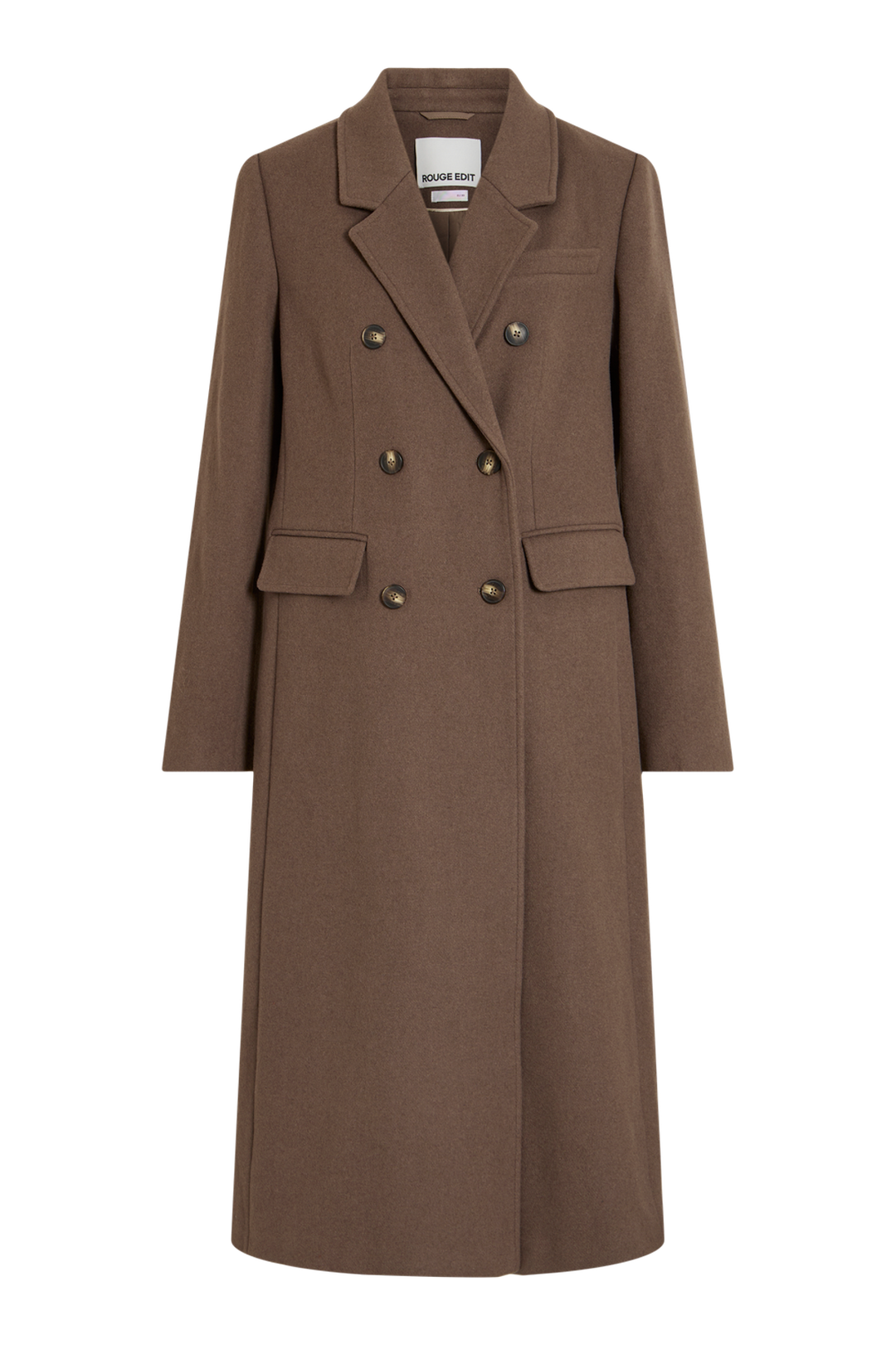 Vila Rouriley long sleeve coat in dark brown mélange, featuring a double-breasted button closure and front pockets, shown fla