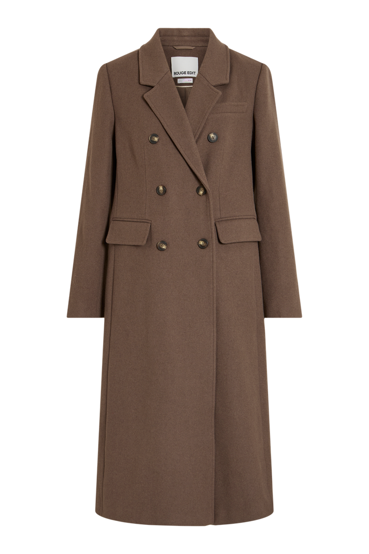 Vila Rouriley long sleeve coat in dark brown mélange, featuring a double-breasted button closure and front pockets, shown fla