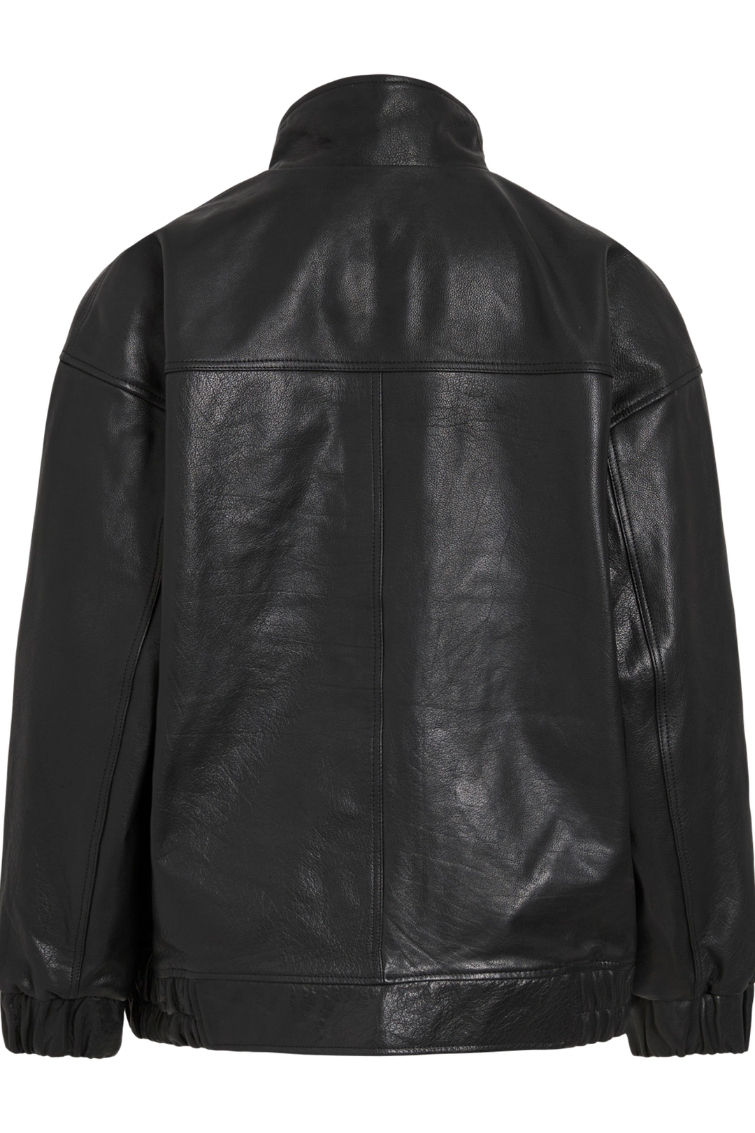 Vila ROUSIMONE oversized leather jacket in meteorite color, shown from the back, featuring long sleeves and a biker collar.