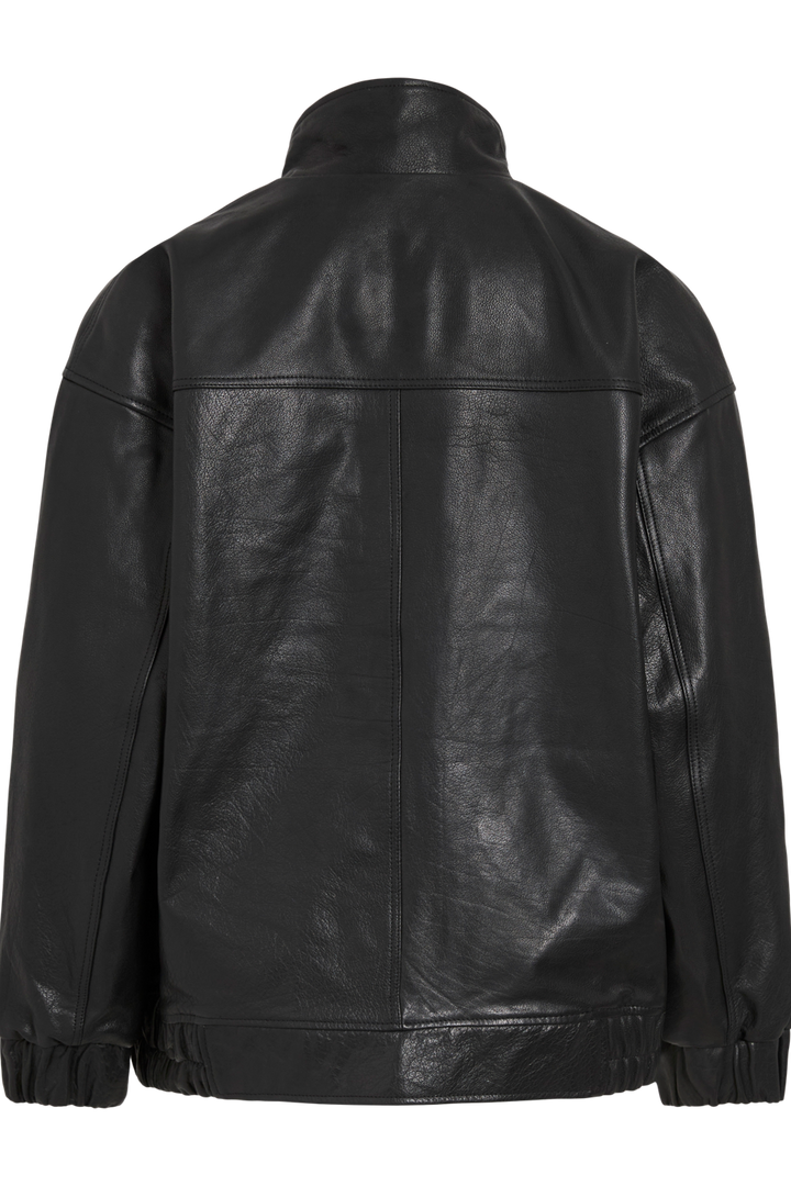 Vila ROUSIMONE oversized leather jacket in meteorite color, shown from the back, featuring long sleeves and a biker collar.