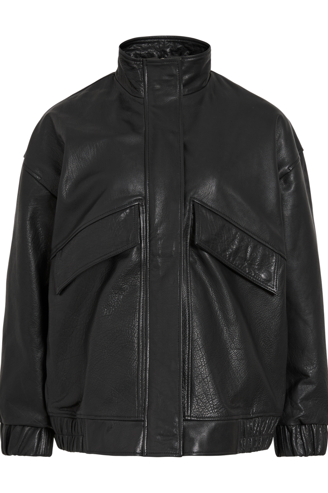 Vila ROUSIMONE oversized leather jacket in meteorite black, featuring a biker collar and long sleeves, shown flat.