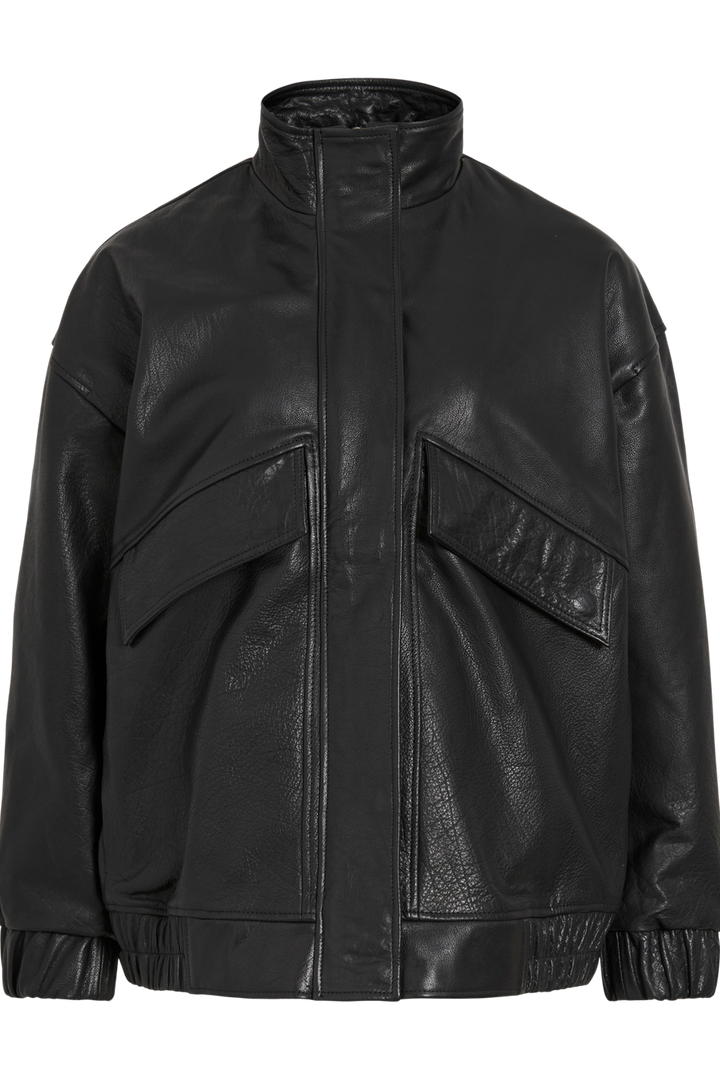 Vila ROUSIMONE oversized leather jacket in meteorite black, featuring a biker collar and long sleeves, shown flat.