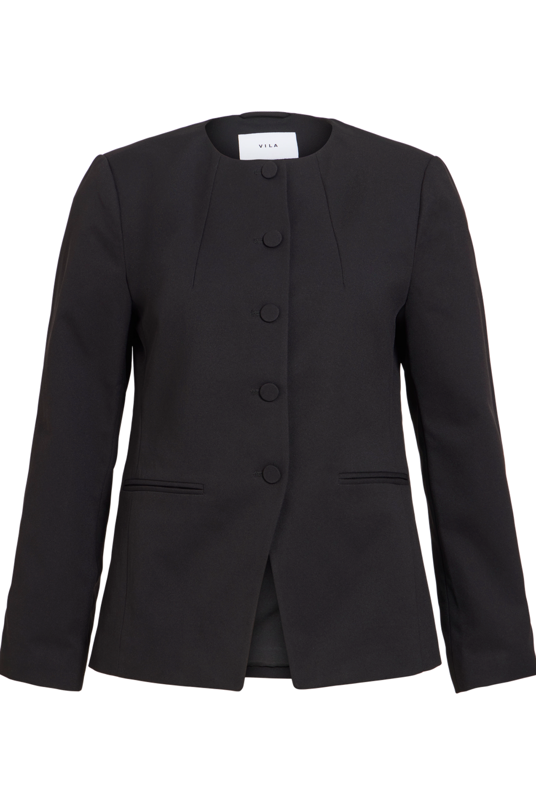 Vila Vichiona long sleeve black blazer made of 100% polyester, featuring a round neckline and button closure, shown flat.