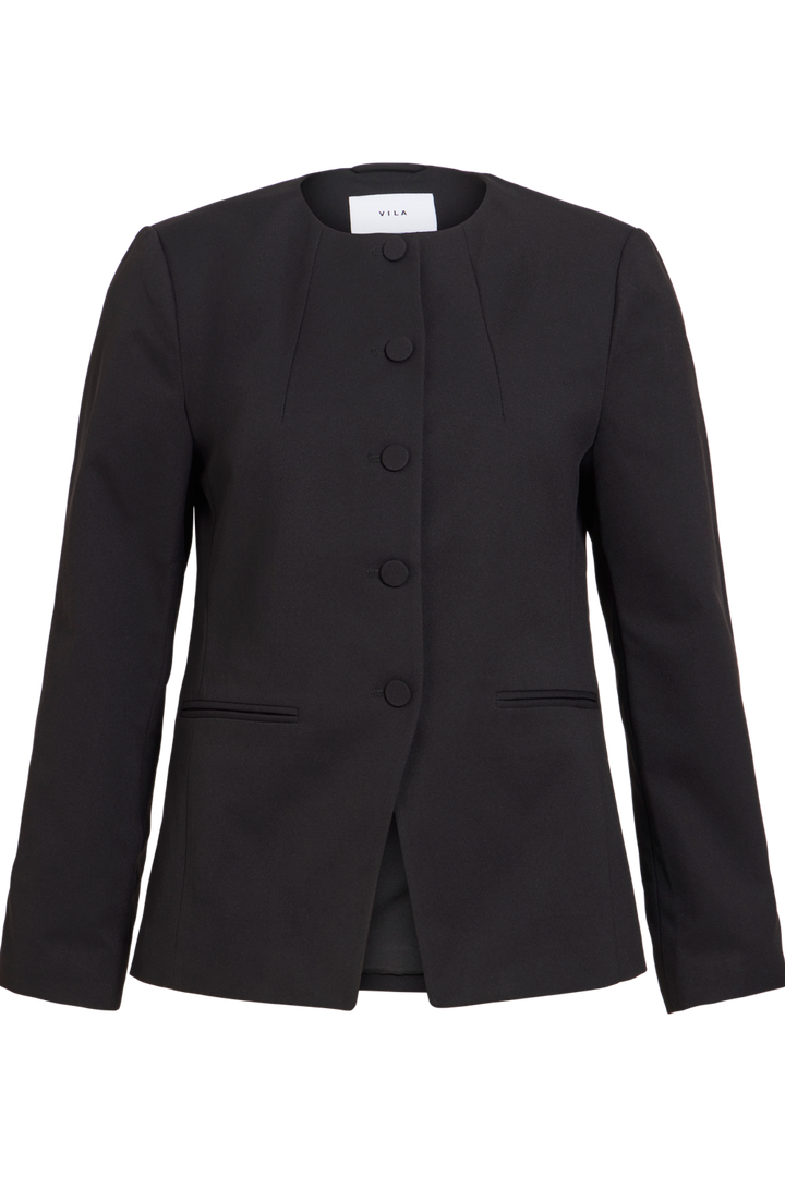 Vila Vichiona long sleeve black blazer made of 100% polyester, featuring a round neckline and button closure, shown flat.