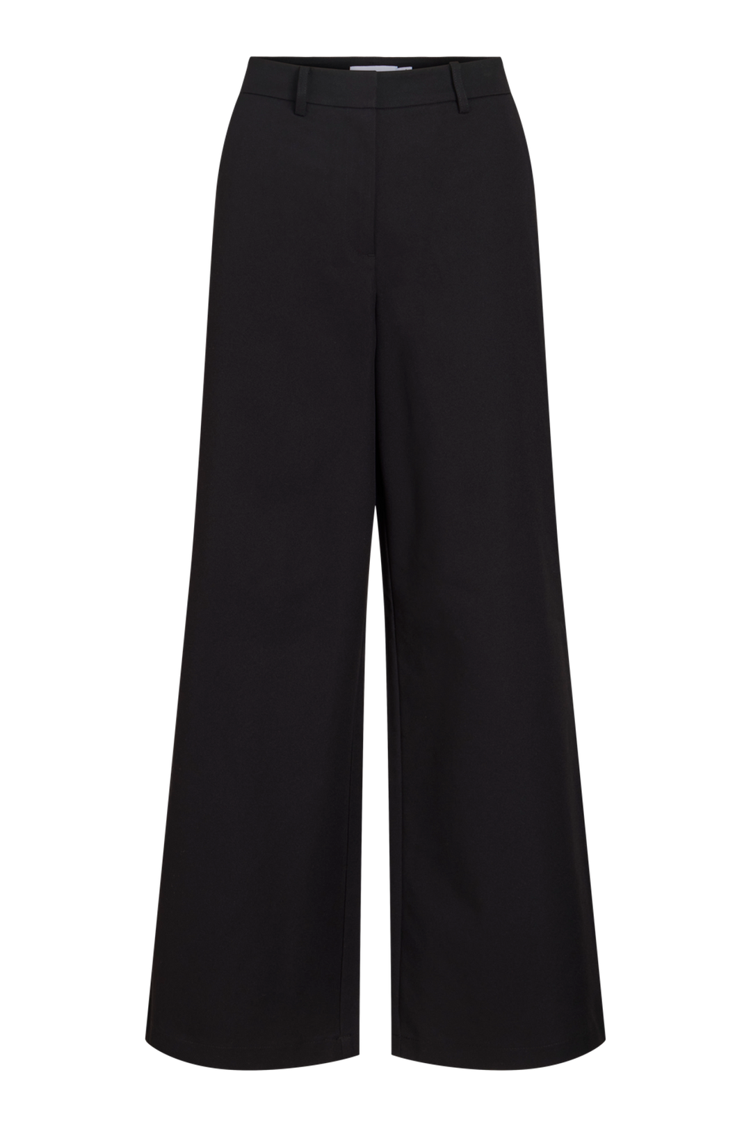 Vila Vichiona HW Wide Pant in black polyester, featuring a high-waist design with wide-leg fit and belt loops, shown flat.