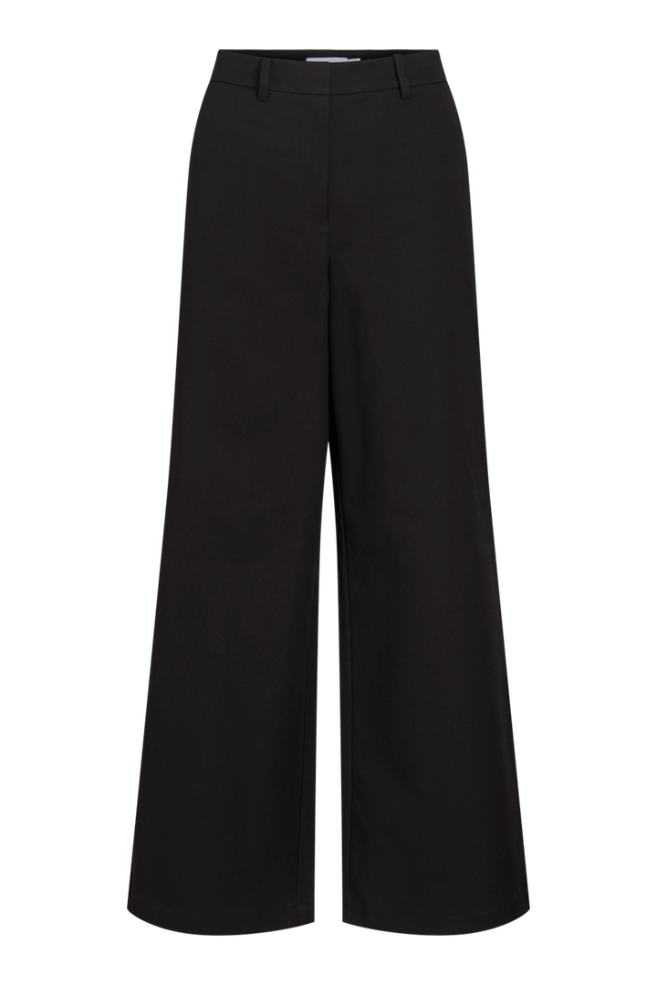 Vila Vichiona HW Wide Pant in black polyester, featuring a high-waist design with wide-leg fit and belt loops, shown flat.