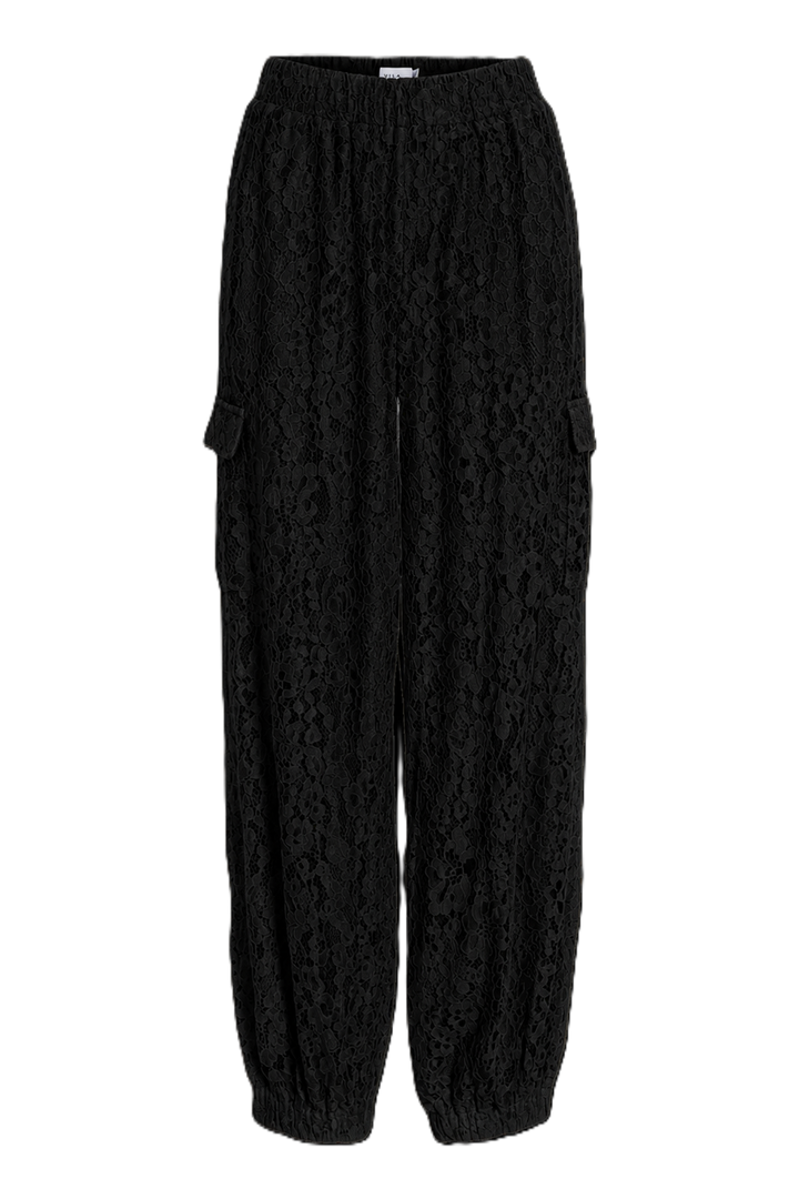 Vila Vidiana HW Cargo Lace Pants in black, featuring a loose fit and lace material, shown flat against a white background.