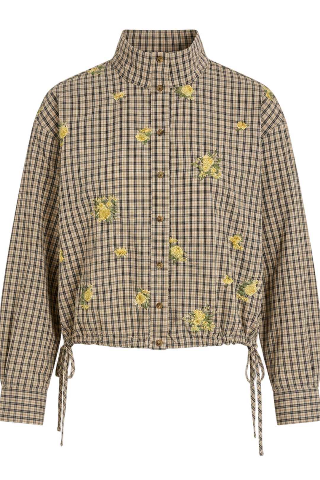 Vila Violina LS High Neck Shirt in beige checkered pattern with floral embroidery, long sleeves, and loose fit, shown flat.