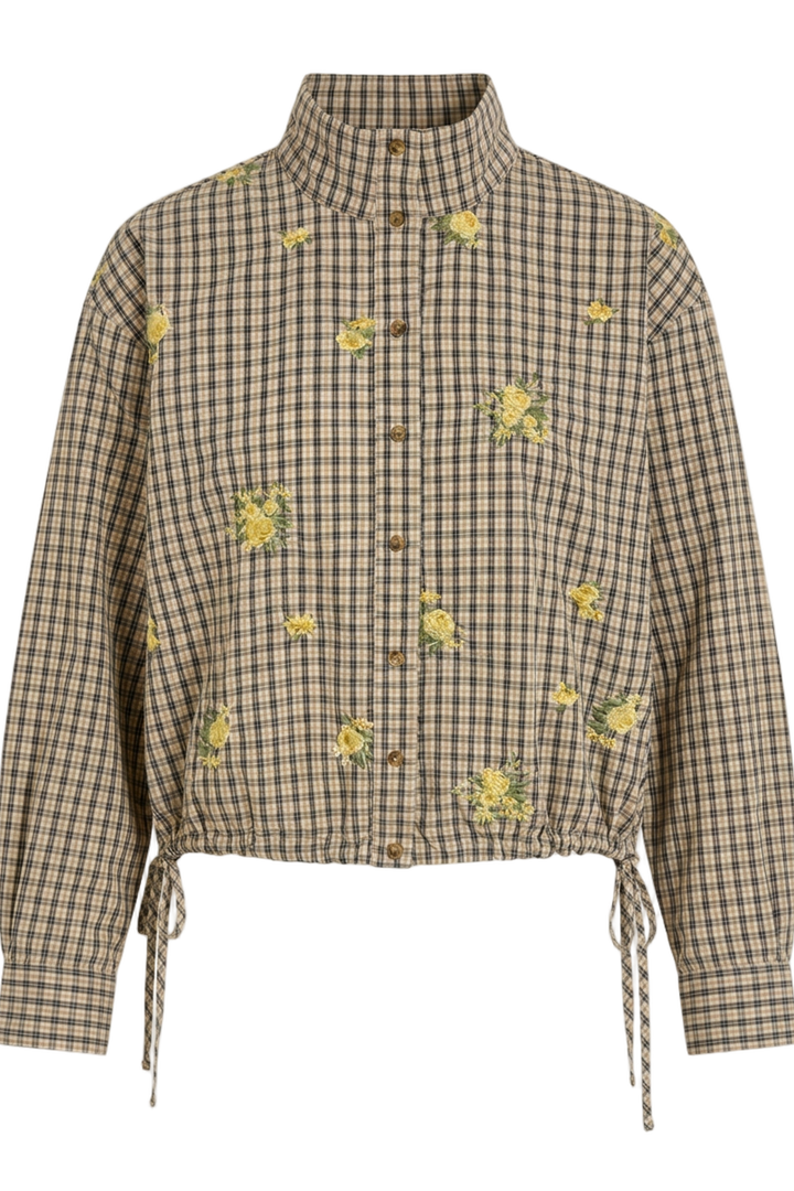 Vila Violina LS High Neck Shirt in beige checkered pattern with floral embroidery, long sleeves, and loose fit, shown flat.