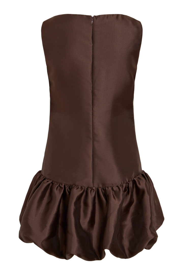 Vila VISHINA sleeveless short dress in coffee bean brown, featuring a boat neck and ruffled hem, shown in a back view.