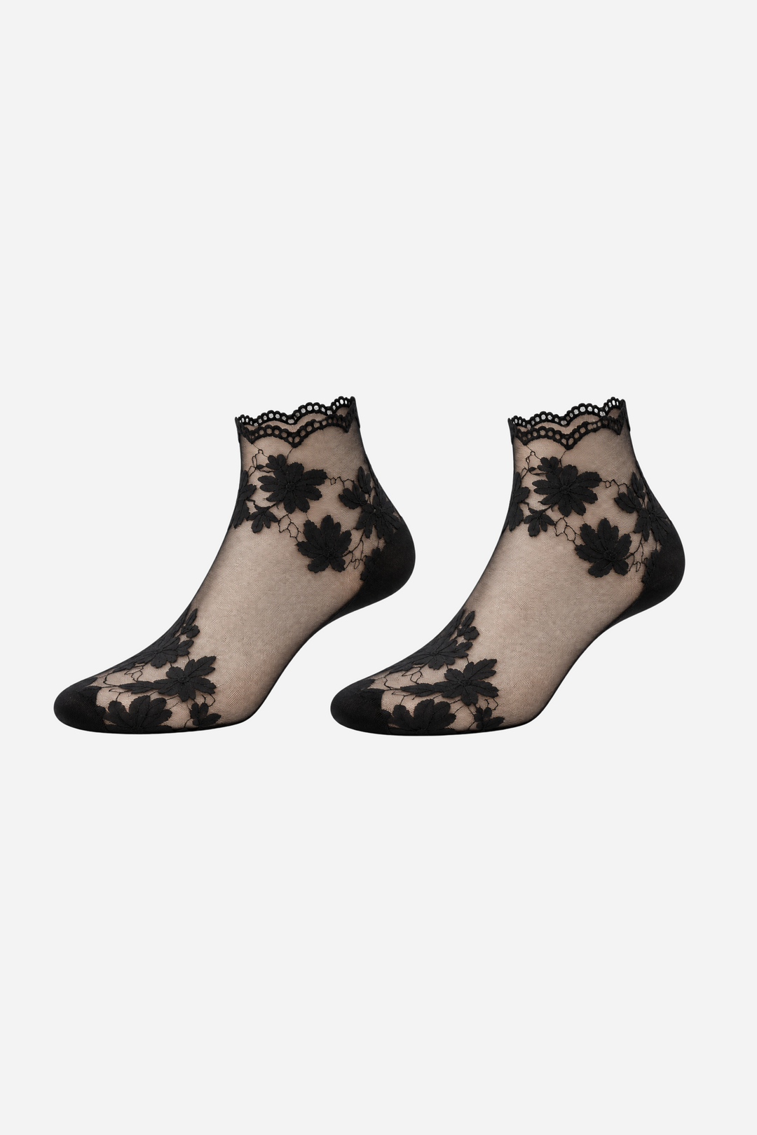 Elegante ankelstrømper i transparent mesh med smukt blomstermønster og feminin blondekant